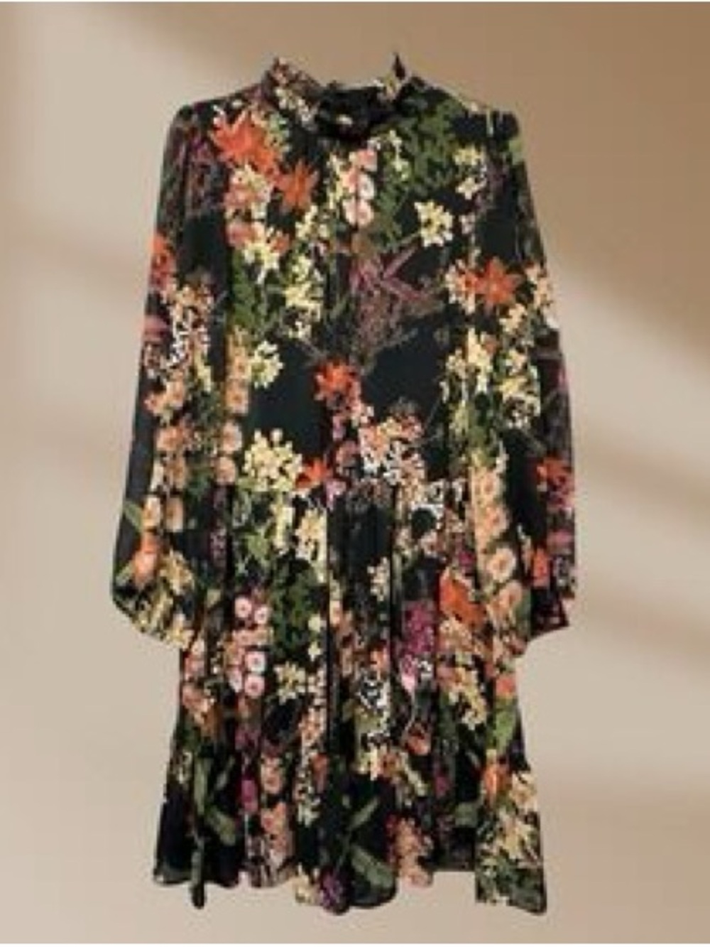 Black Floral Midi Dress with Long Sleeves